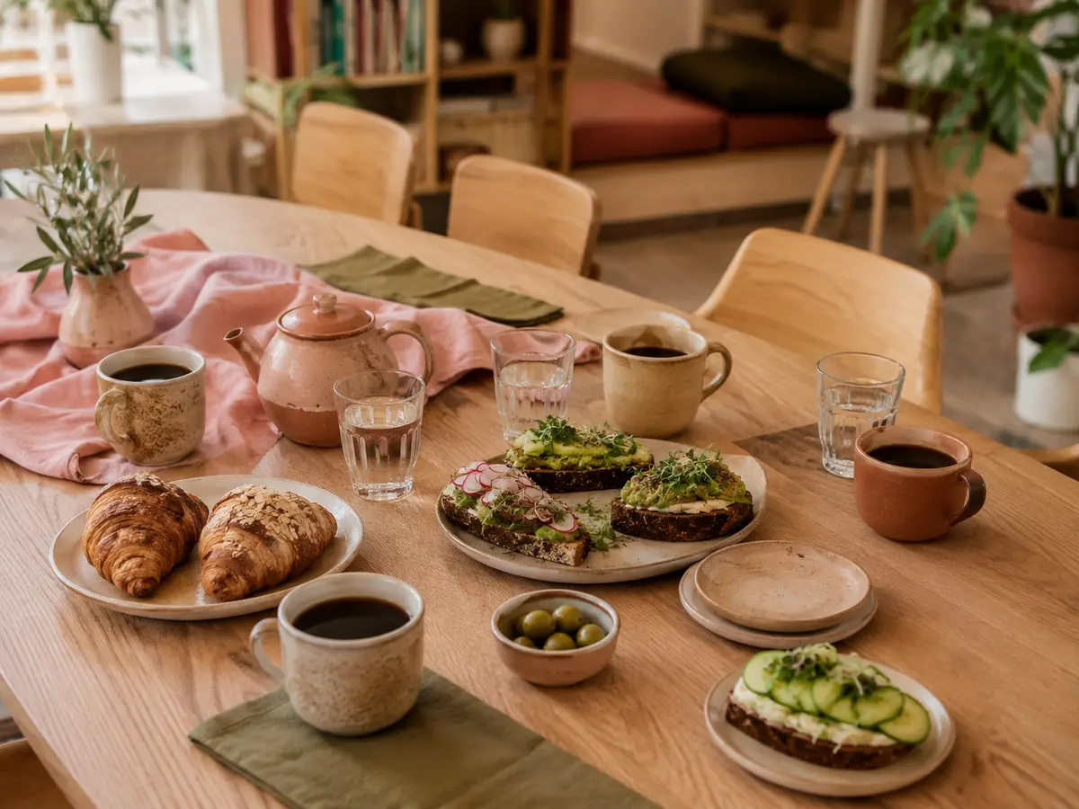 Kávé, tea és könnyű harapnivalók egy közösségi asztalon